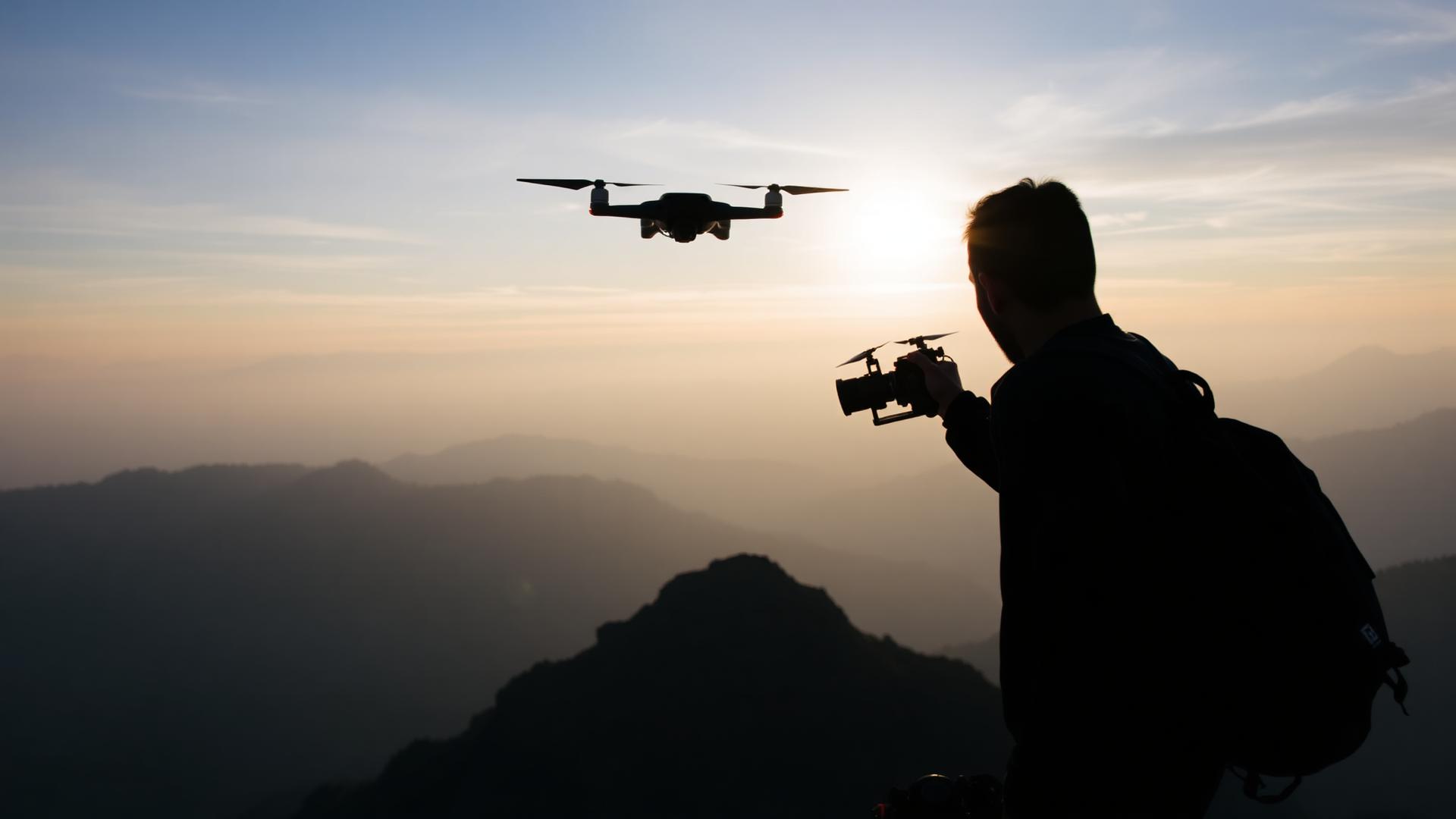 Filmmaker flying a drone over misty mountains at dawn